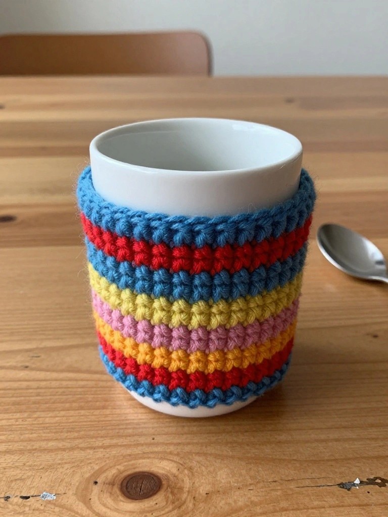 A rainbow-striped crocheted cozy on a white ceramic mug.