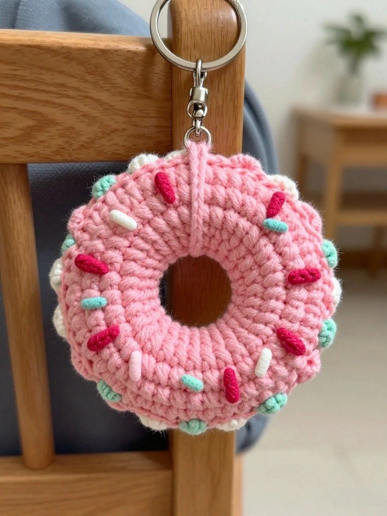 A pink crocheted donut keychain with red, white, and mint sprinkles hangs from a metal ring on a wooden chair.