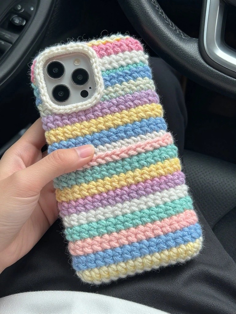 Pastel Striped Crochet Phone Sleeve