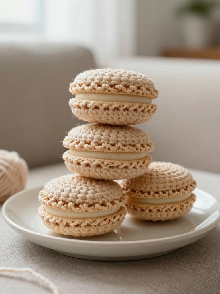 Crocheted beige macarons stacked on a white plate.