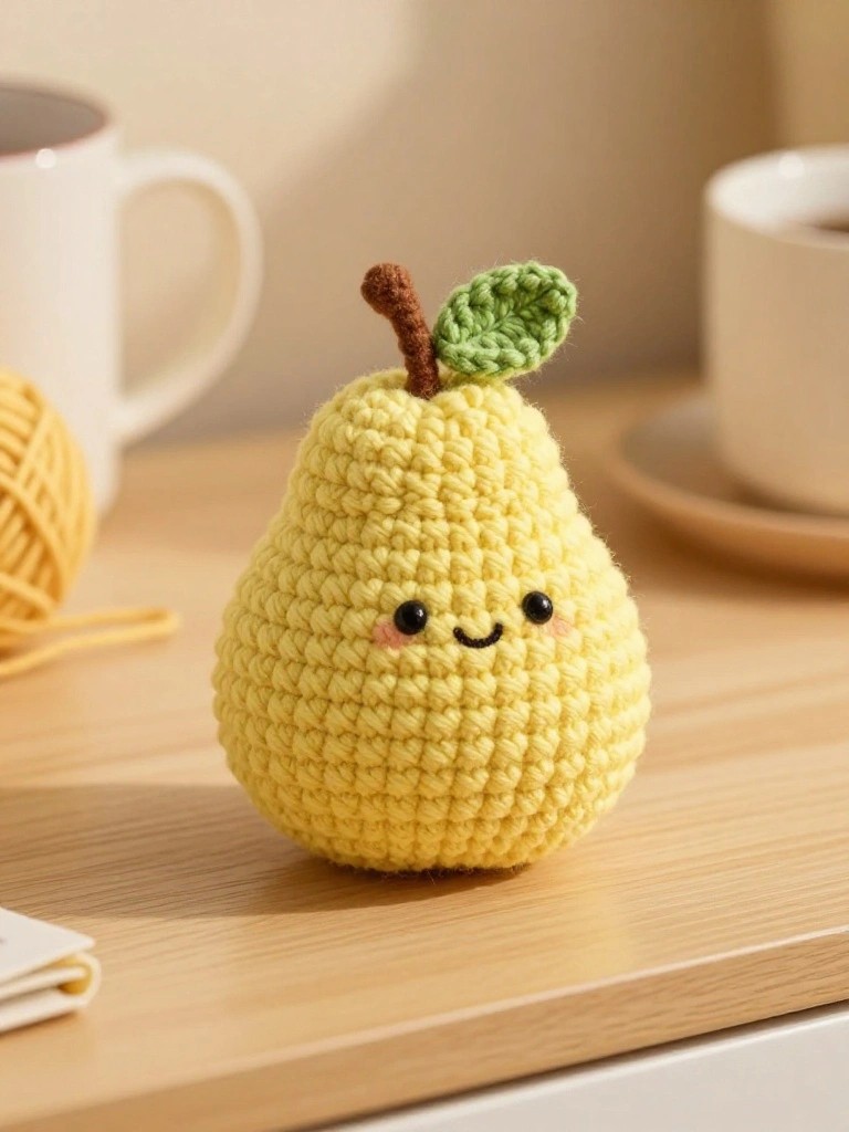 Crocheted yellow pear with smiling face on wooden table.