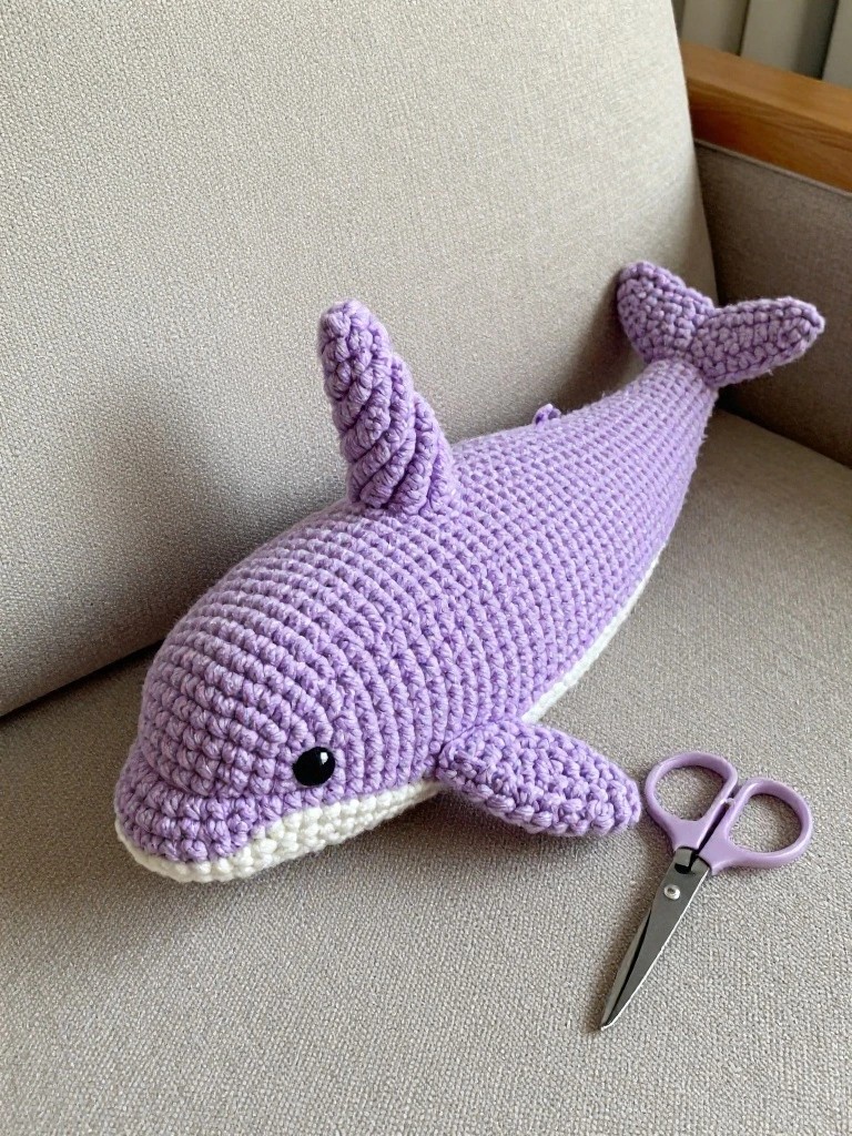 Crocheted lavender dolphin plush toy beside small purple scissors on gray couch.