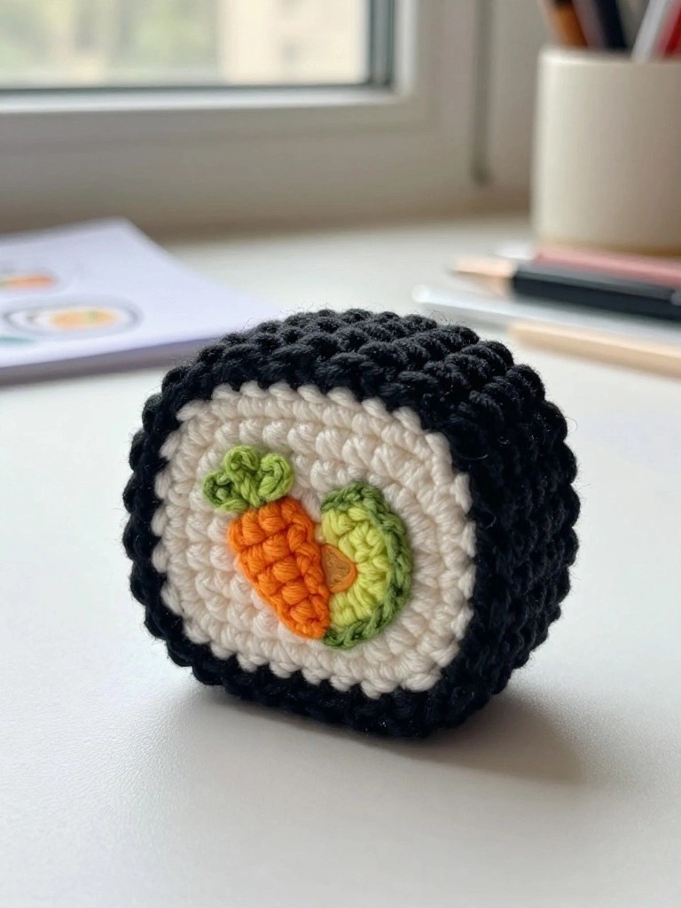 Crochet sushi roll with carrot and avocado details on desk.