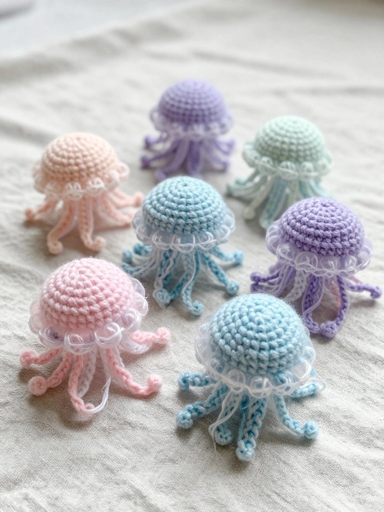 Six pastel crocheted jellyfish on a soft white fabric.