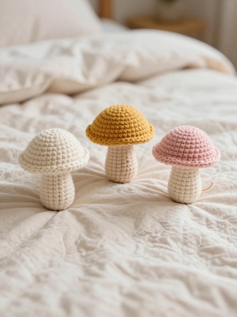 Three crocheted mushrooms in white, yellow, and pink on a bed.