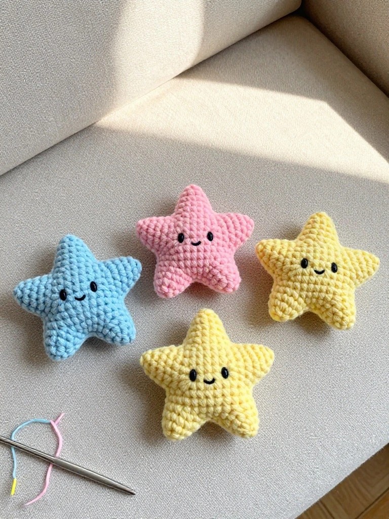 Four pastel crocheted star plushies with smiling faces beside a crochet hook.