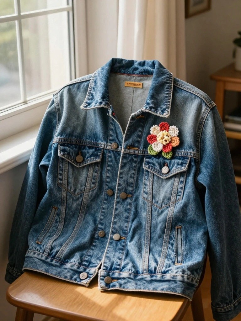 Crochet Flower Appliqué on a Denim Jacket