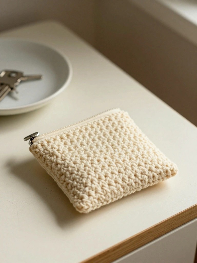 A small cream crocheted pouch with a metal zipper rests on a white surface beside a shallow bowl holding keys.
