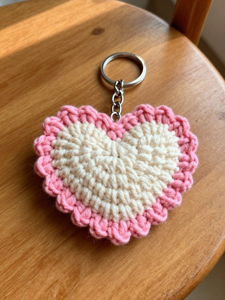 A pink and white crocheted heart keychain hangs from a silver metal ring on a wooden surface.