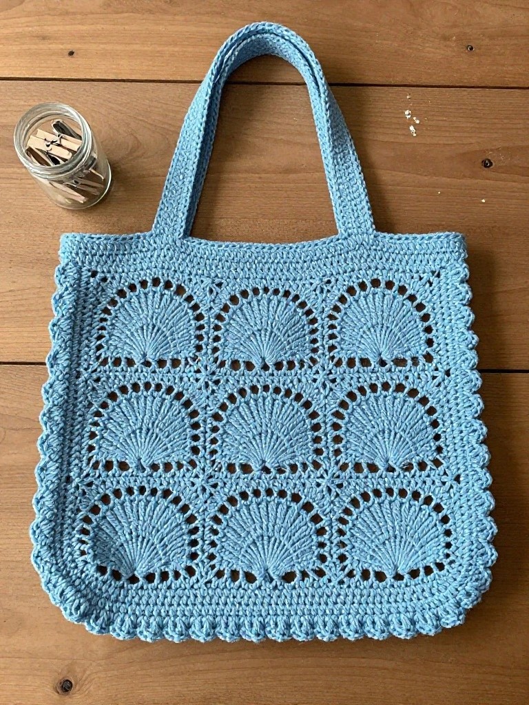 A light blue crocheted tote bag with rows of fan motifs sits on a wooden table beside a glass jar of clothespins.