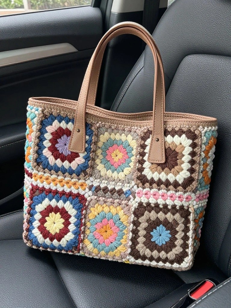 Granny Square Tote with Leather Handles
