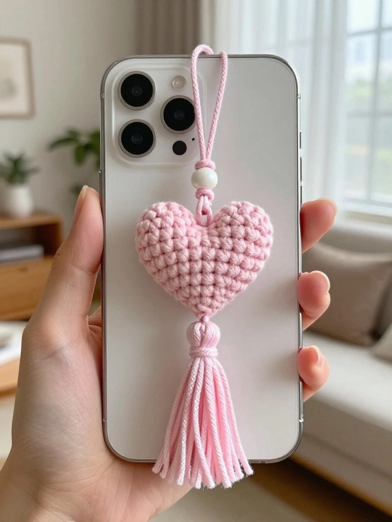 Crochet Heart Phone Charm with Tassel