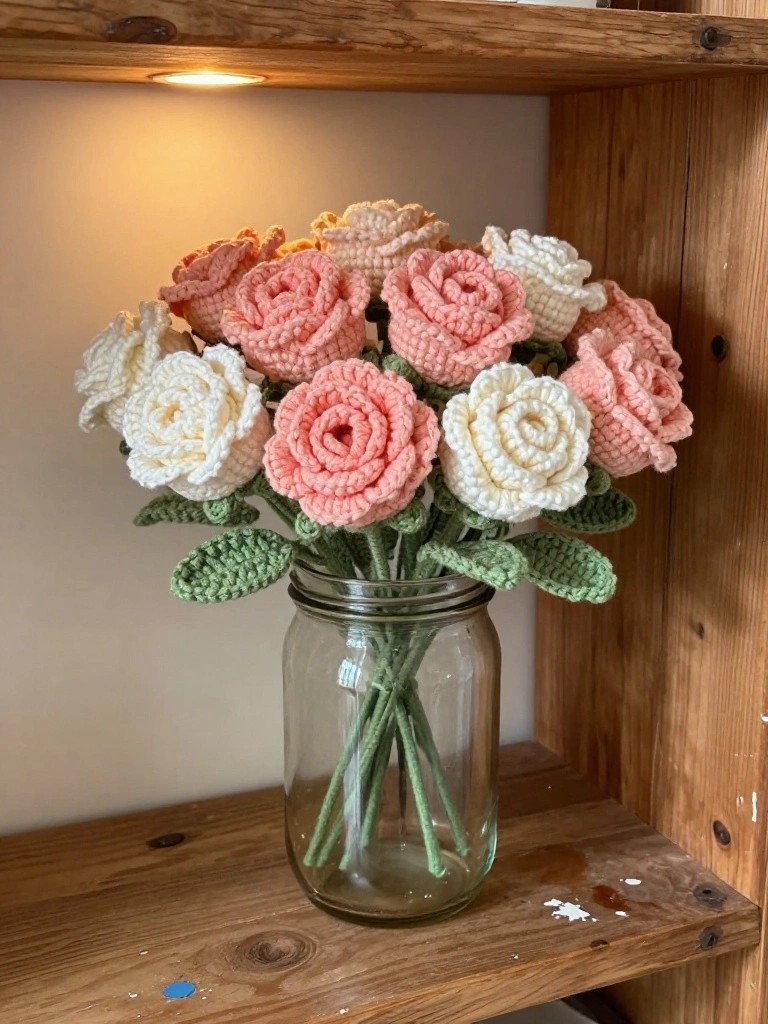 Crocheted Rose Bouquet in a Glass Jar