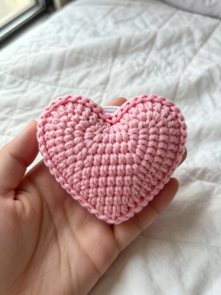 A small pink crocheted heart held in a person's hand over a white quilted surface.