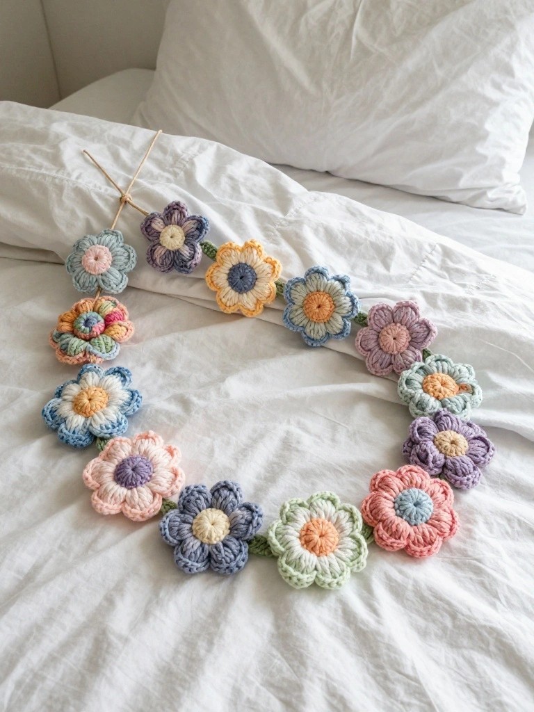 A long chain of colorful crocheted flowers laid across white bedsheets.