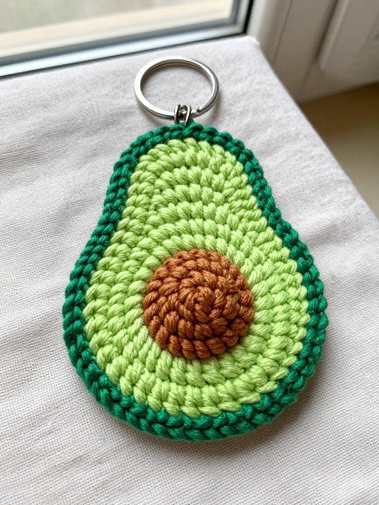 Crocheted avocado keychain with green layers and brown pit on fabric.
