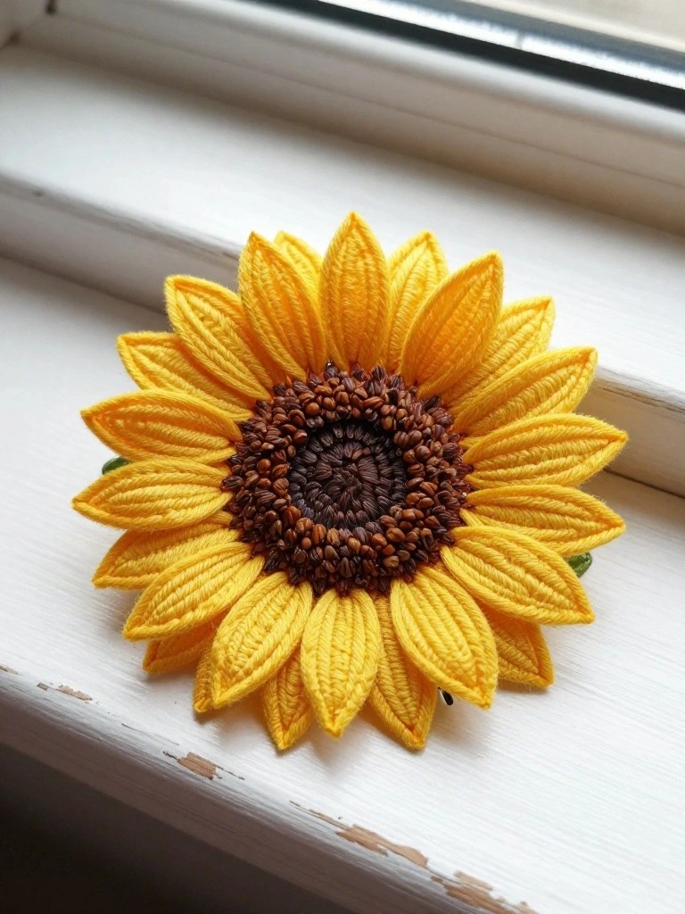 Handcrafted yellow sunflower brooch with brown seed center on white surface.