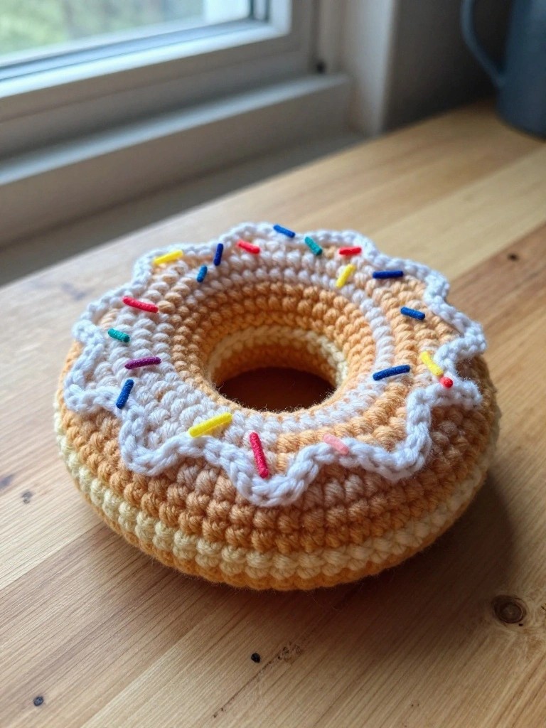 A small crocheted donut with a tan body, white wavy top layer, and scattered colorful stitches rests on a wooden table.
