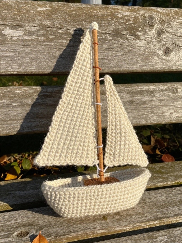 Crocheted white sailboat with two triangular sails on wooden bench.