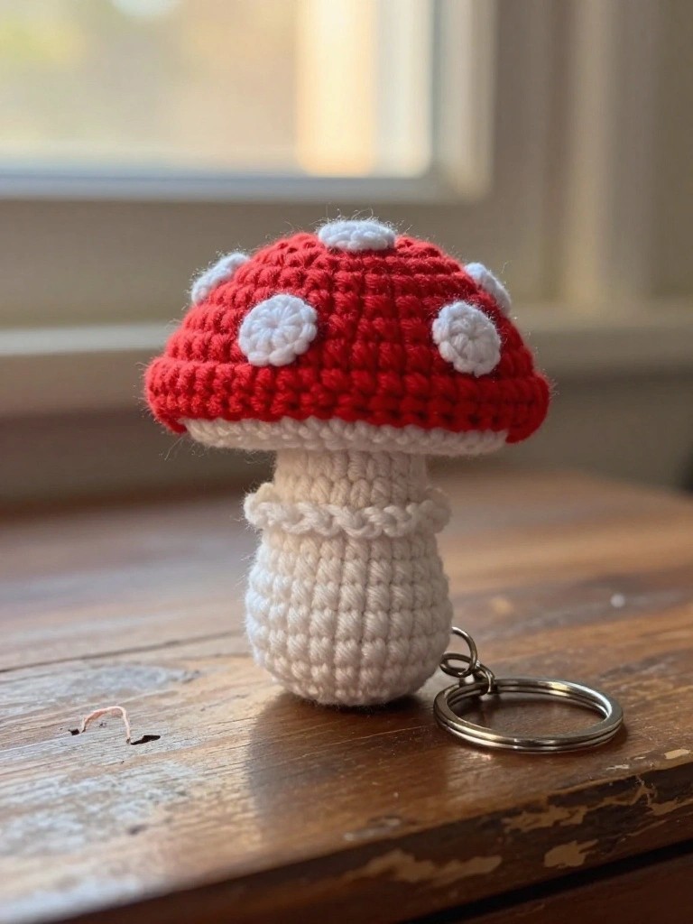 Crocheted red mushroom keychain with white spots on wooden surface.