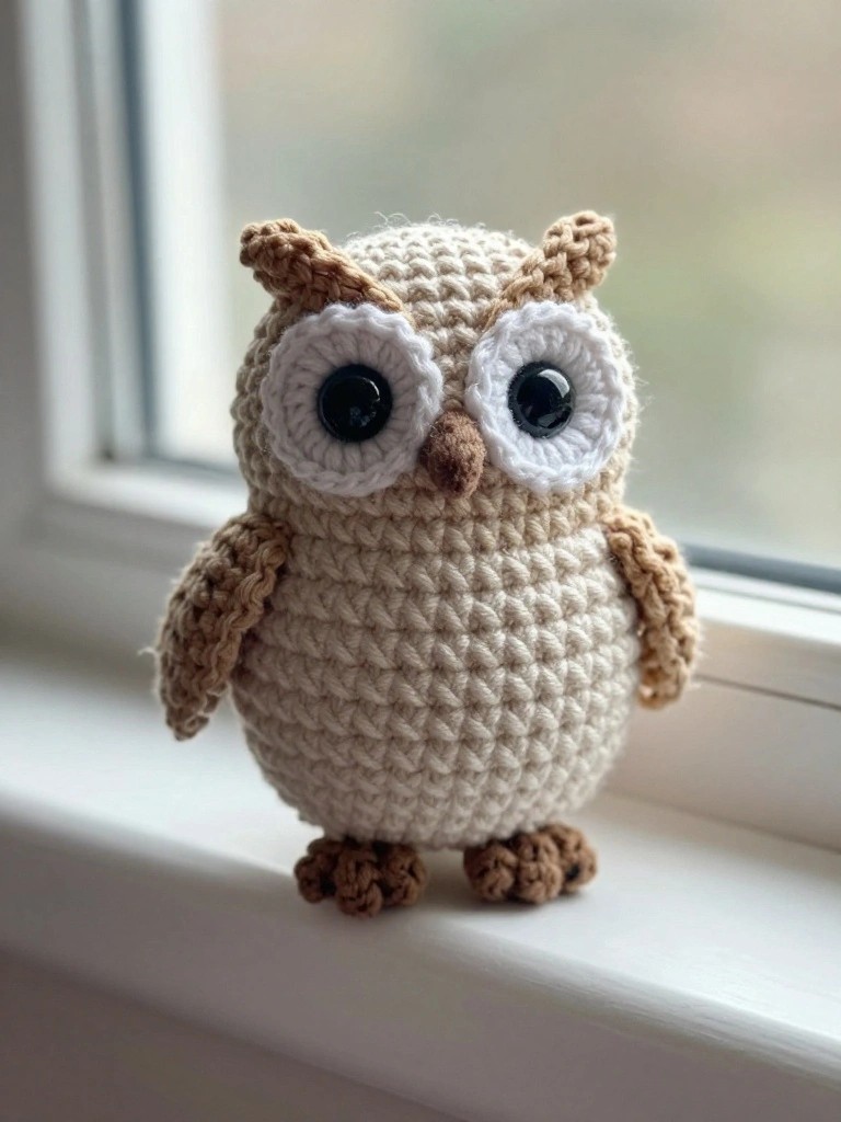 Crocheted beige owl toy with large white eyes on windowsill.