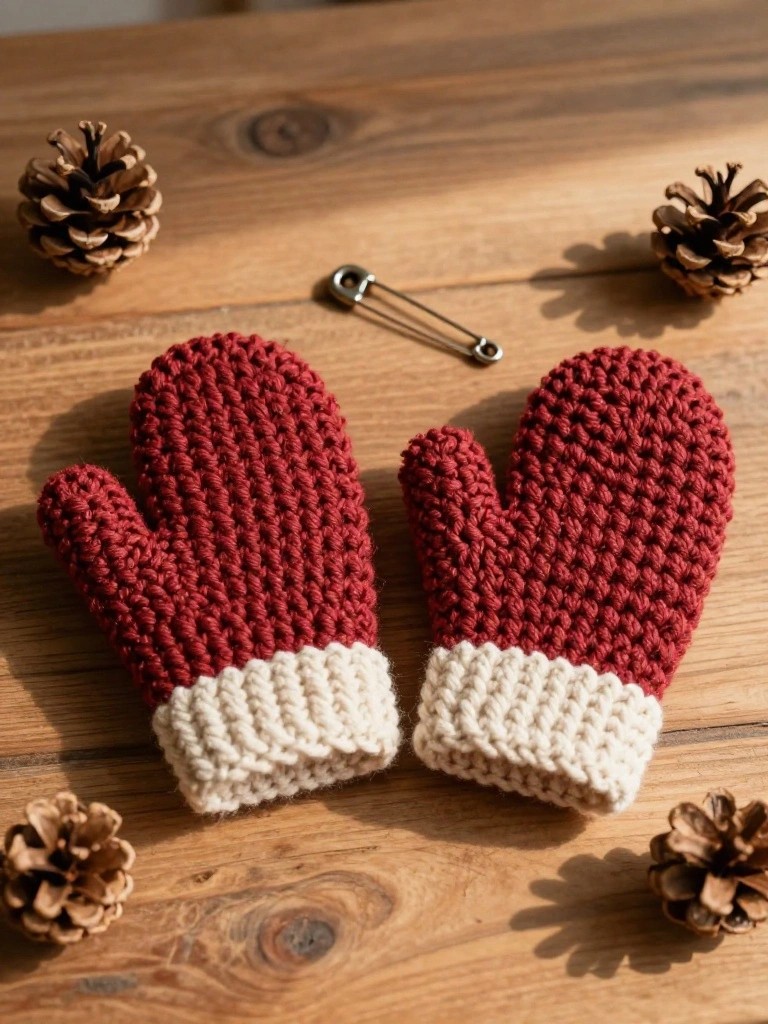 Red Crochet Mittens with White Cuffs
