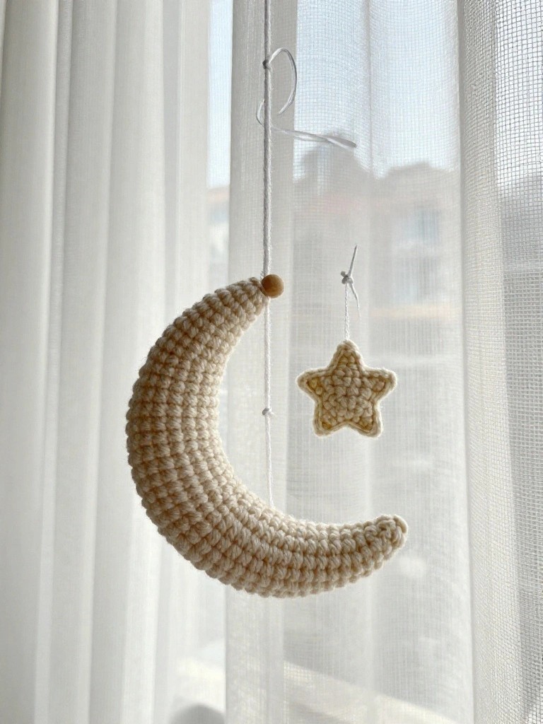 A crocheted crescent moon with a small star hanging from strings near a window.