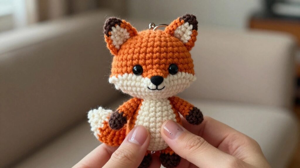 20 Smart Easy Crochet Patterns for Beginners That Actually Work A hand holds a small crocheted orange fox with white face patches, brown ear and paw tips, and a white-tipped tail.