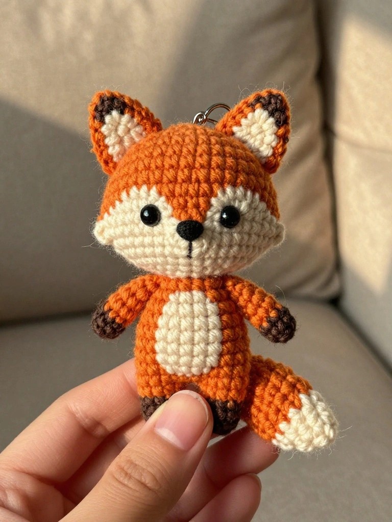 A hand holds a small crocheted orange fox with white face patches, brown ear and paw tips, and a white-tipped tail.