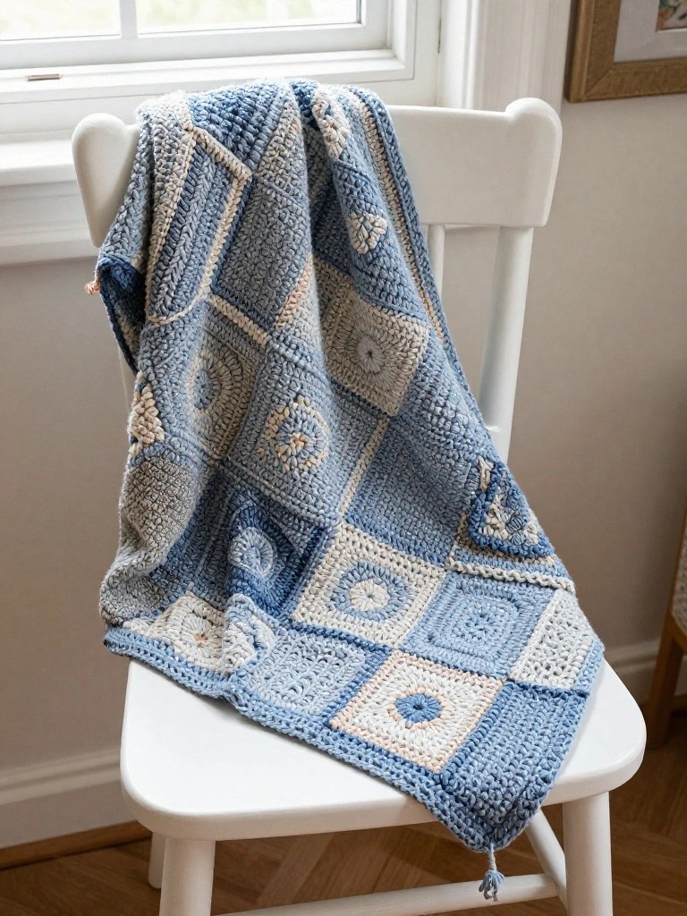 Square Motif Throw in Mixed Blues