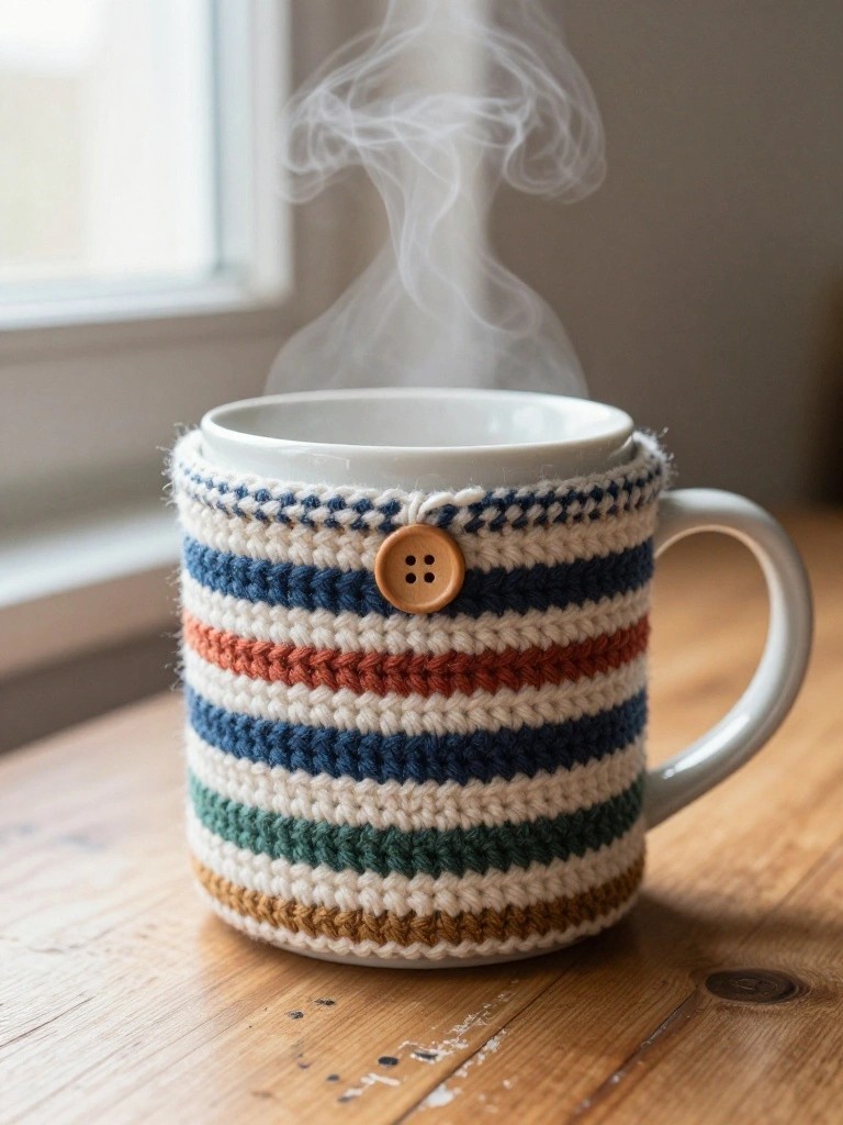 Striped Mug Cozy with Button Fastener