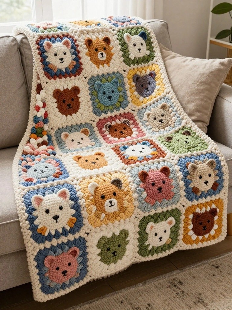 Animal Face Granny Square Blanket