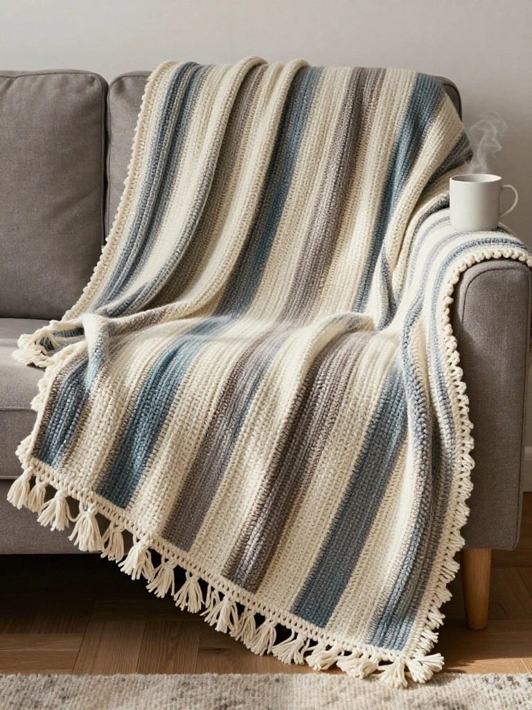 Striped Throw Blanket With Tassel Edging