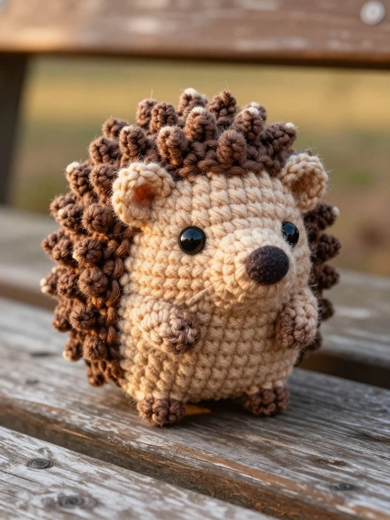 A small crocheted hedgehog with beige body and brown looped spines sits on a wooden surface.