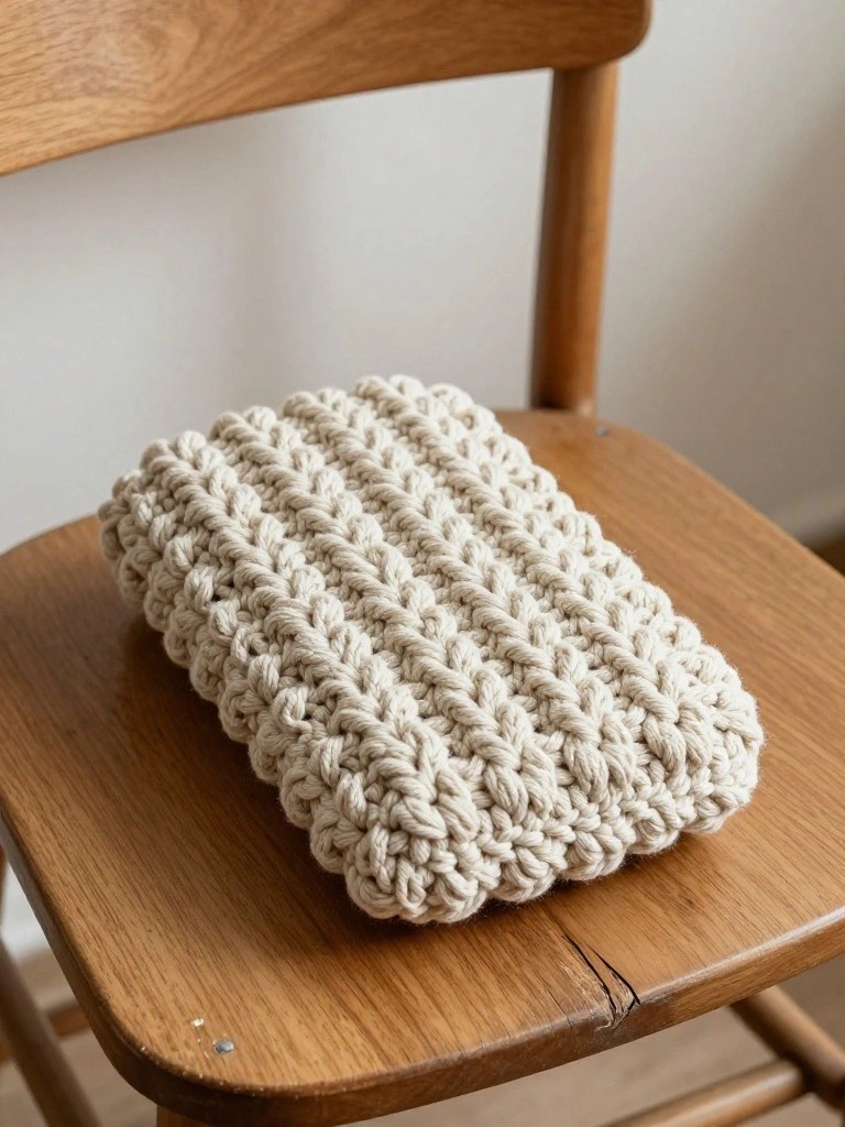 Chunky knit beige beanie resting on a wooden chair.