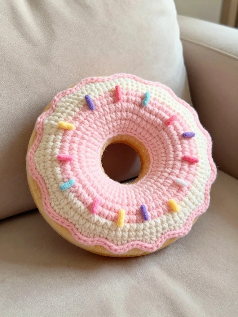 Pink-frosted crochet donut pillow with colorful sprinkles on beige couch.