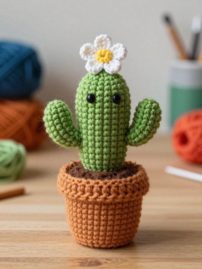 Crocheted green cactus with flower in brown pot on wooden table.