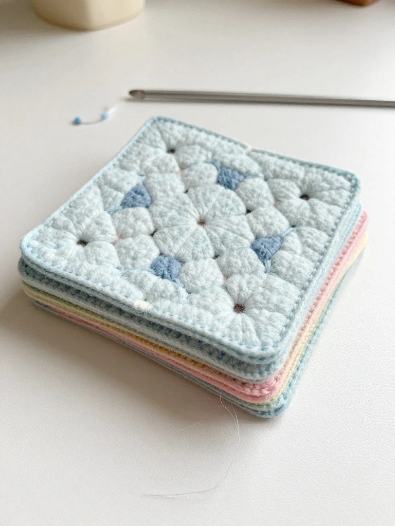 Crocheted pastel granny square coasters stacked beside a metal hook.