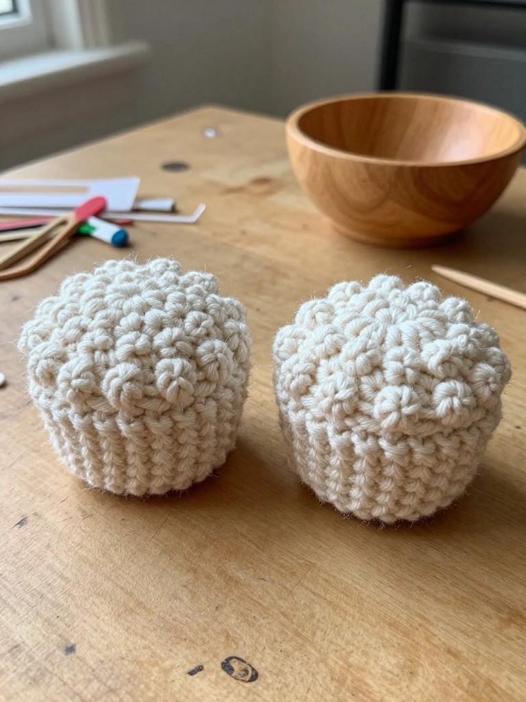 Two cream crochet pieces and a wooden bowl on a table.