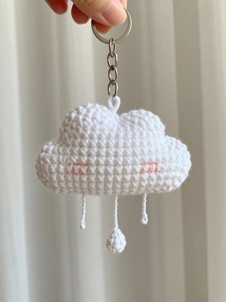 Crocheted white cloud keychain with pink cheeks and dangling raindrops.