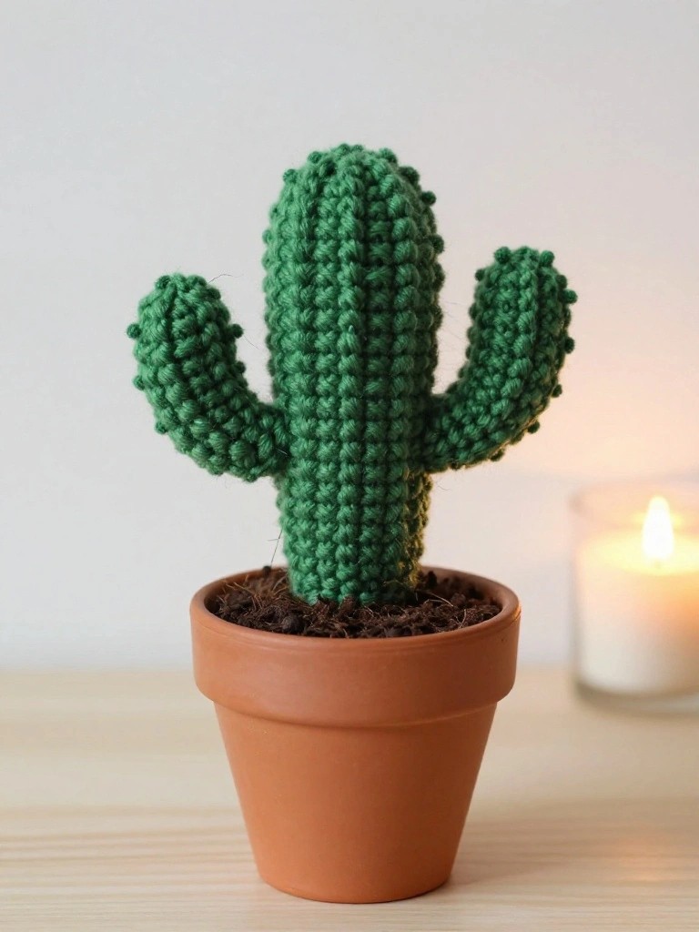 A green crocheted cactus with two arms sits in a brown terracotta pot on a light wooden surface.