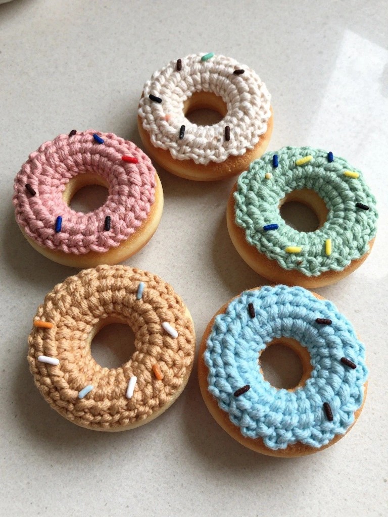 Six colorful crocheted donut toys with icing and sprinkles on a white surface.