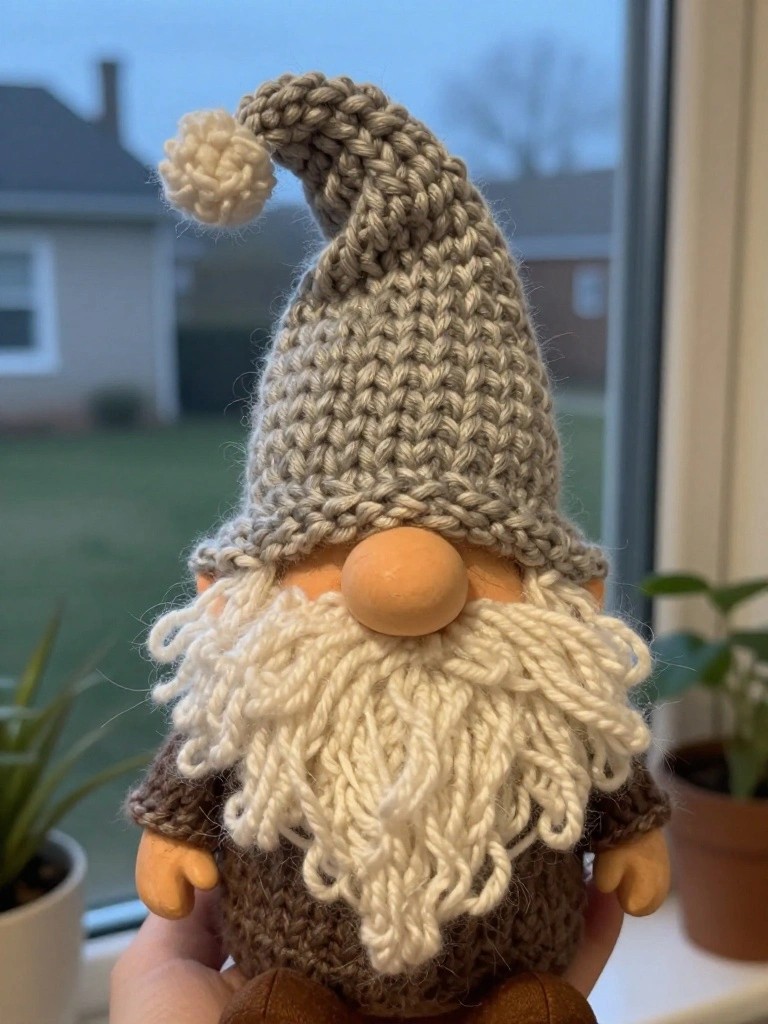 Knitted gnome with gray hat, white beard, wooden nose, and brown body.