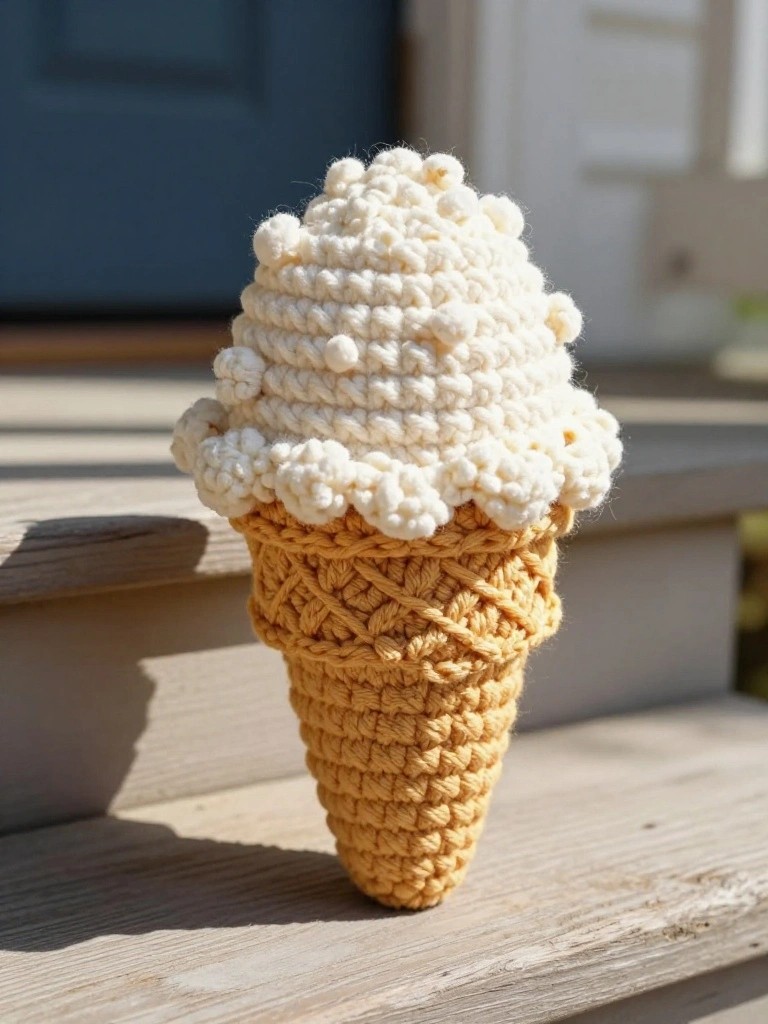 Crocheted ice cream cone with white bumpy scoop and tan waffle base.