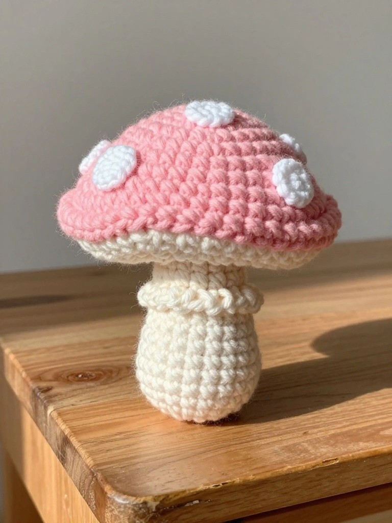 Crocheted pink mushroom with white spots on wooden table.