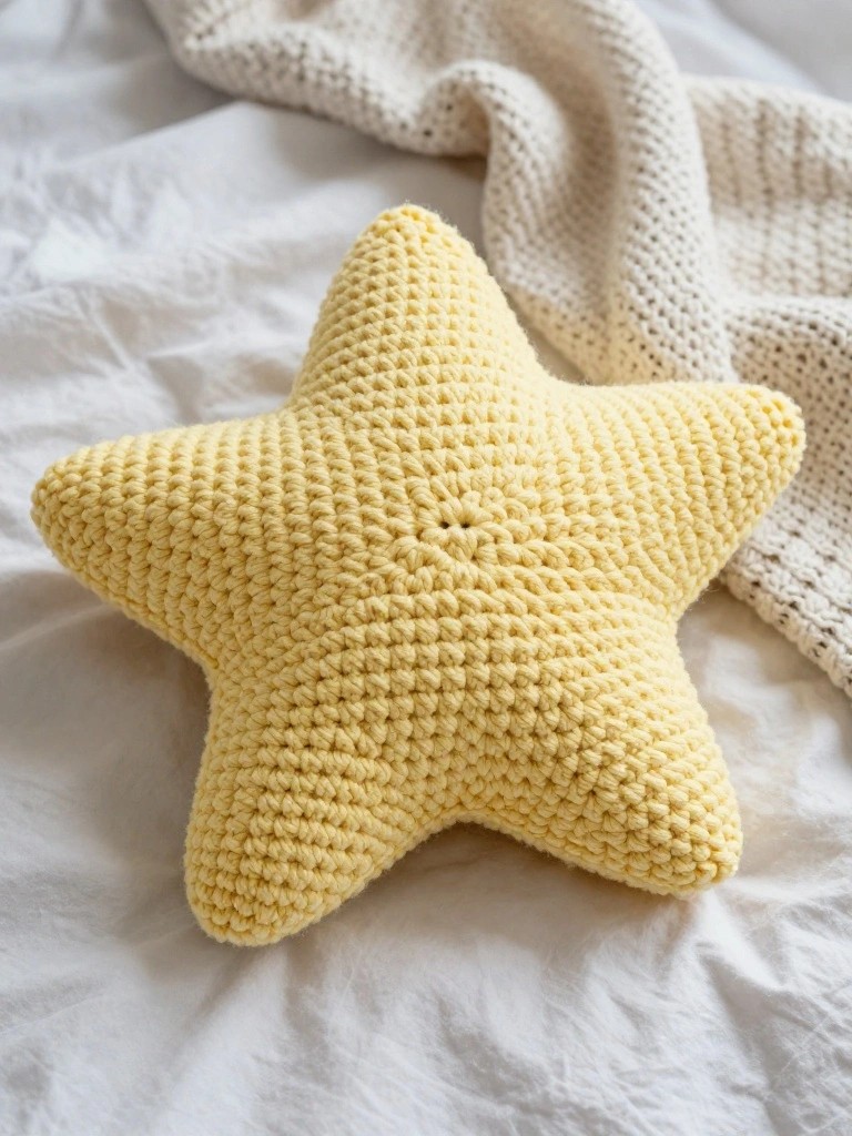 Yellow crocheted star-shaped pillow on white knitted blanket.