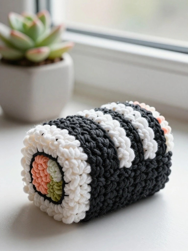 Crocheted sushi roll with nori, rice, and pink-green filling on windowsill.