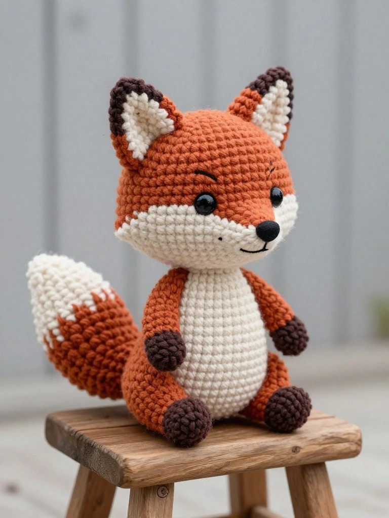 Crocheted orange fox toy with white belly on wooden stool.
