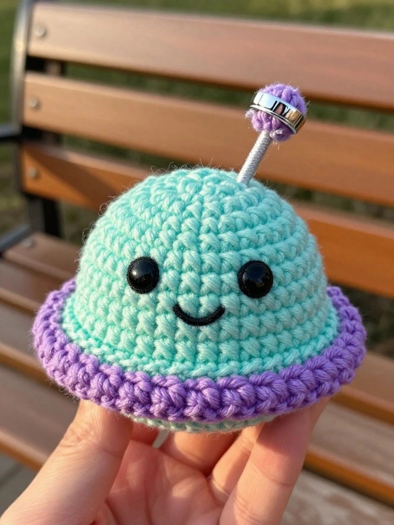 Crocheted mint-green alien with purple brim and silver antenna.