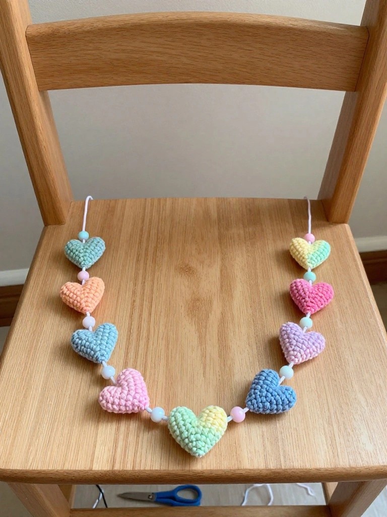 Colorful crocheted heart garland draped across wooden chair seat.